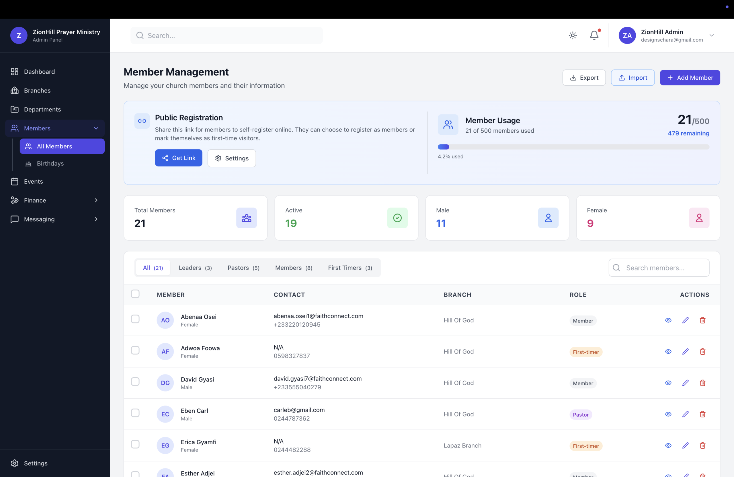 Church management software dashboard showing member database